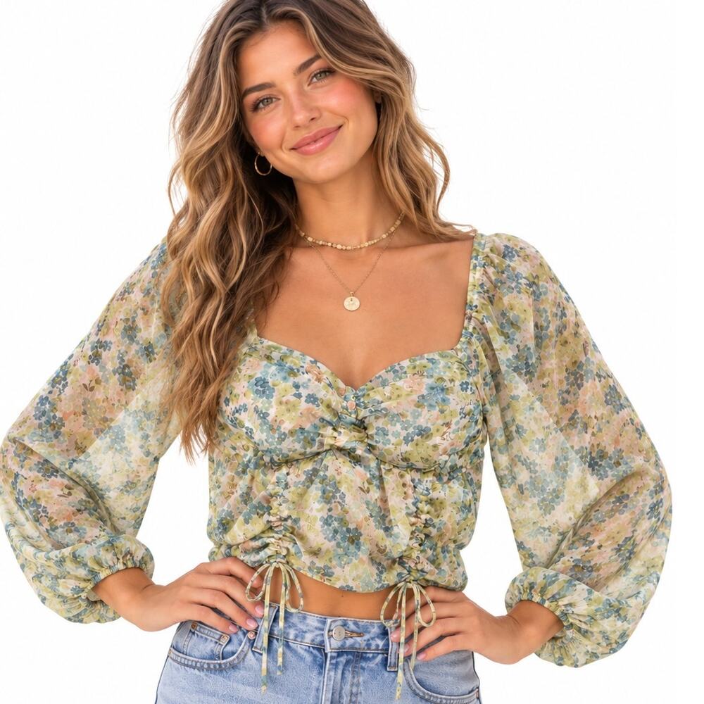 Steve Madden Ruched Padded Crop Top Womens XXL Floral Milkmaid Sweetheart Neck